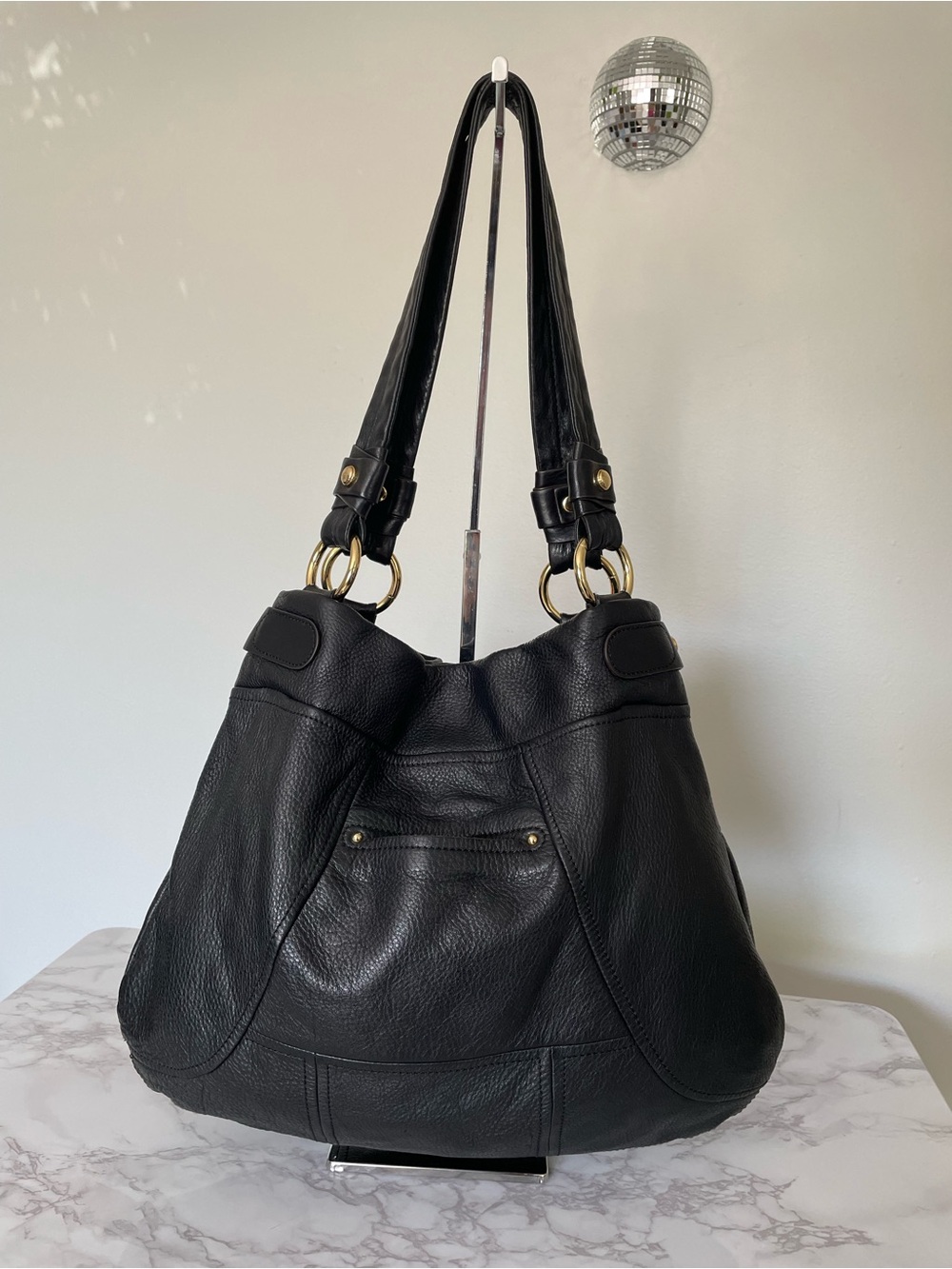B. Makowsky Black Glove Leather Slouchy Hobo Shoulder Bag Gold Y2K Vintage - Picture 6 of 16